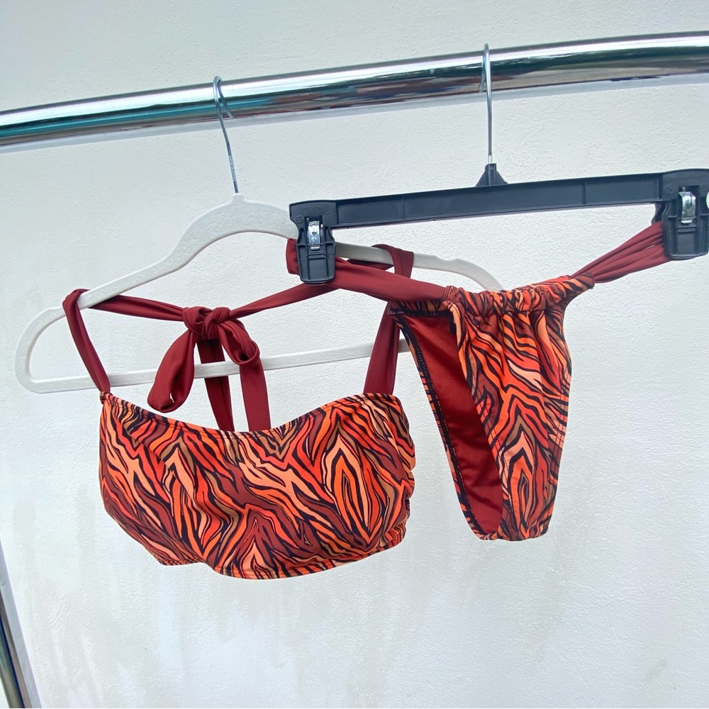 Icon Swim Orange & Rust Red Tiger Cheeky Bikini Set Size Small